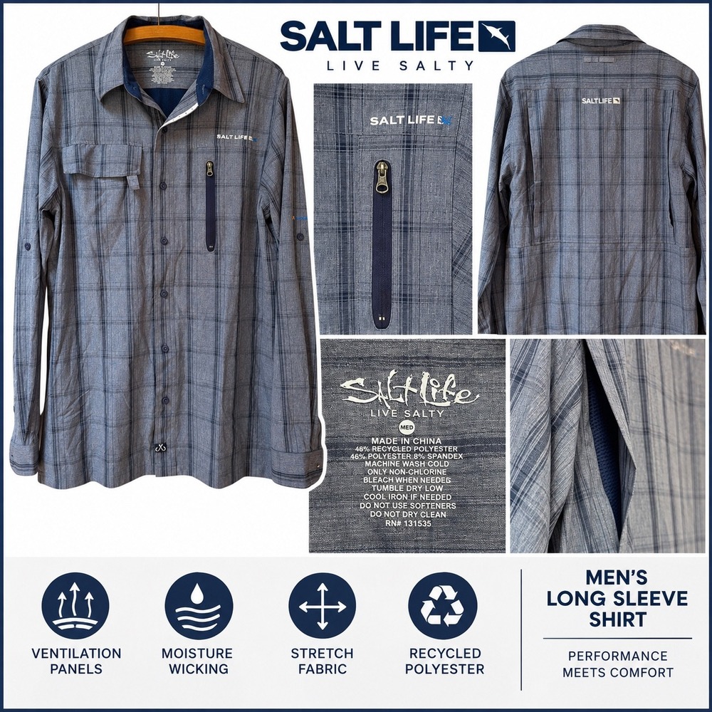 Salt Life SLX Mens Medium Blue Plaid Performance Fishing Shirt Long Sleeve Vent